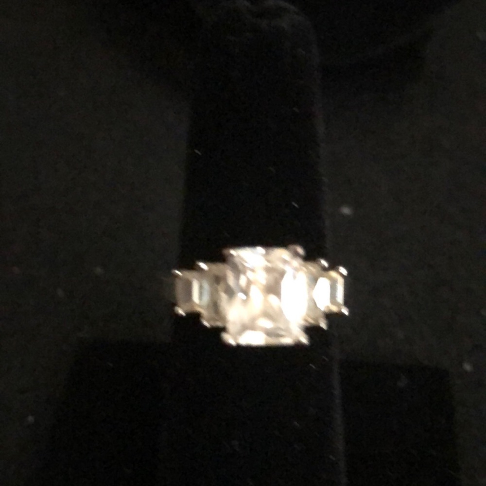 Simulated diamonds emerald cut stones Engagement ring size 7